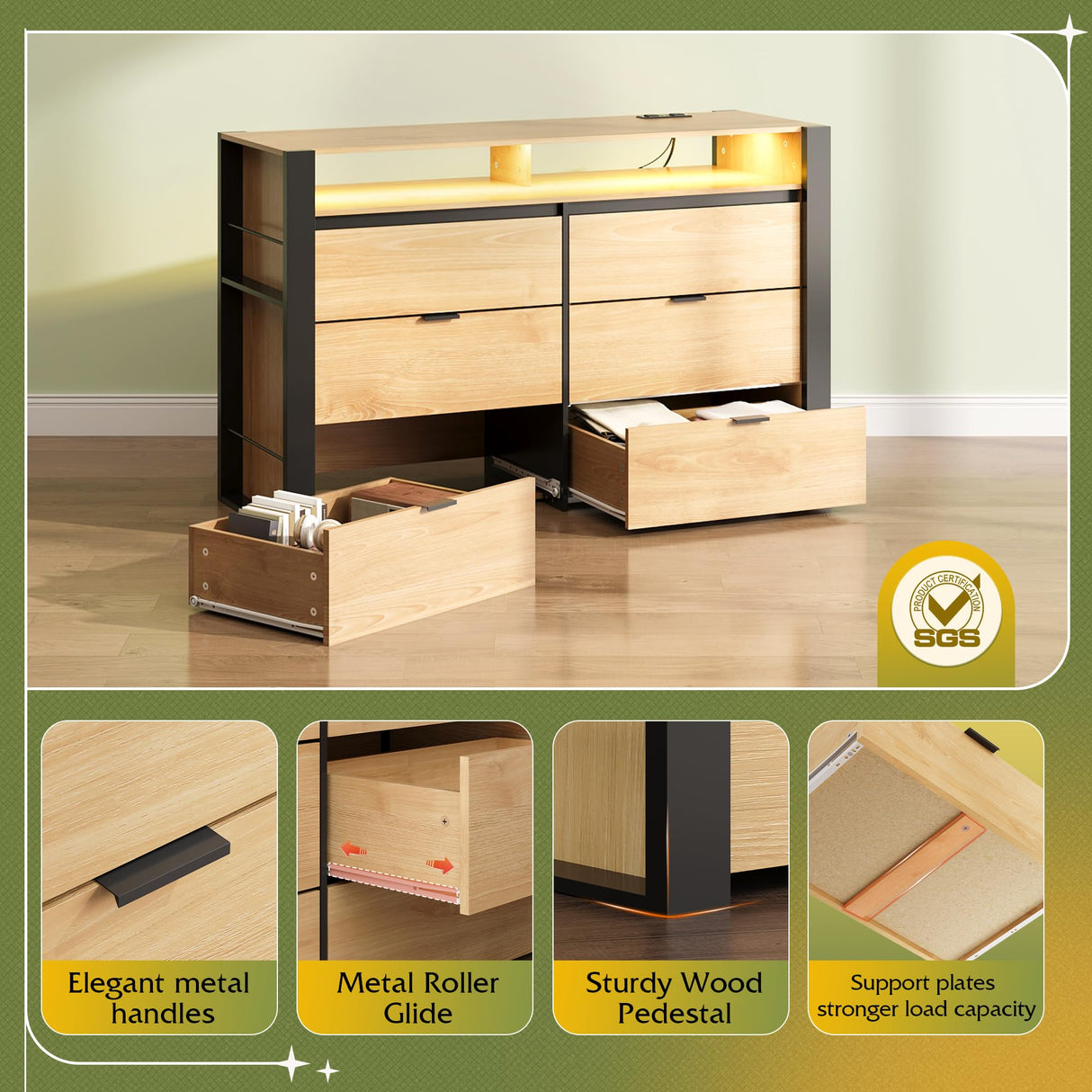 WLIVE 6 Drawer Dresser with Led Light, 50.79'' Wood Dresser for Bedroom with Power Outlets for 55'' TV, Modern Chest of Drawers for Closet, Hanging Rack, Double Wide Drawer for Living Room, Light Oak WLIVE