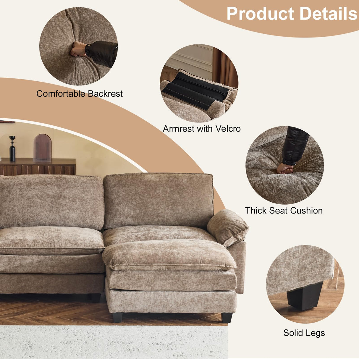 Karl home Chenille Modular Sectional Sofa 3 Seats with 1 Ottomans Sofa Couch L-Shaped Design, Comfy Upholstered Furniture for Living Room, Apartment, Studio, Office, Light Brown Karl home