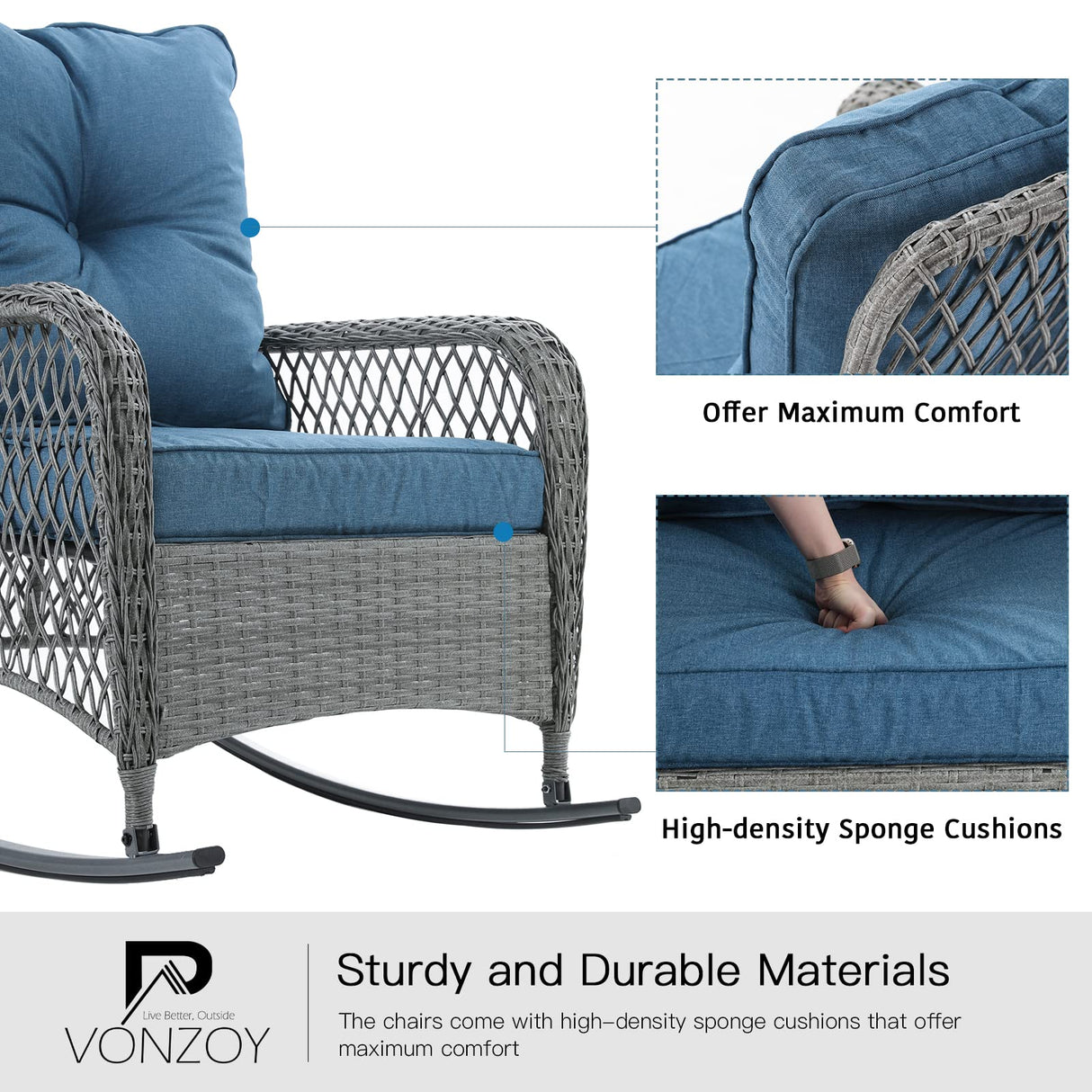 VONZOY Patio Furniture Set 3 Pieces, Wicker Rocking Bistro Set with Thick Cushions, Outdoor Rocker Chairs and Coffee Table for Porch, Backyard or Garden (Blue) VONZOY