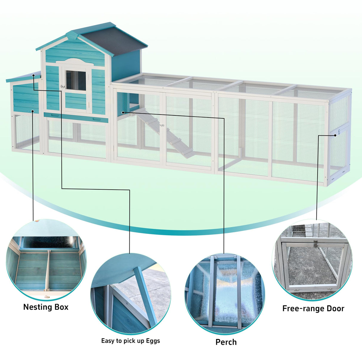 Large Wood Chicken Coop for 2-6 Chickens, 122" Chicken Coop with Nest Box, Removable Tray & UV Resistant Roof, Outdoor Hen House with Sliding Door and Ramp Mochalight