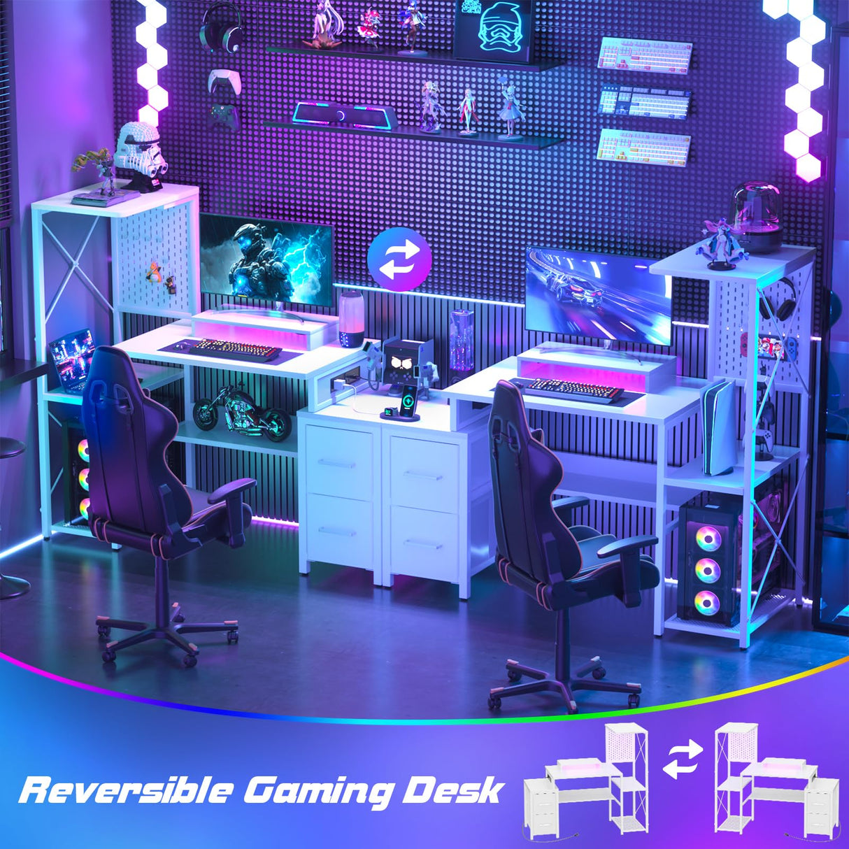 Small Gaming Desk with 2 Fabric Drawers - Reversible Computer Desk with Power Outlet & LED Lights, 49" Office Desk with Monitor Stand & Storage Shelves, Writing Study Table with Pegboard, White Besiost