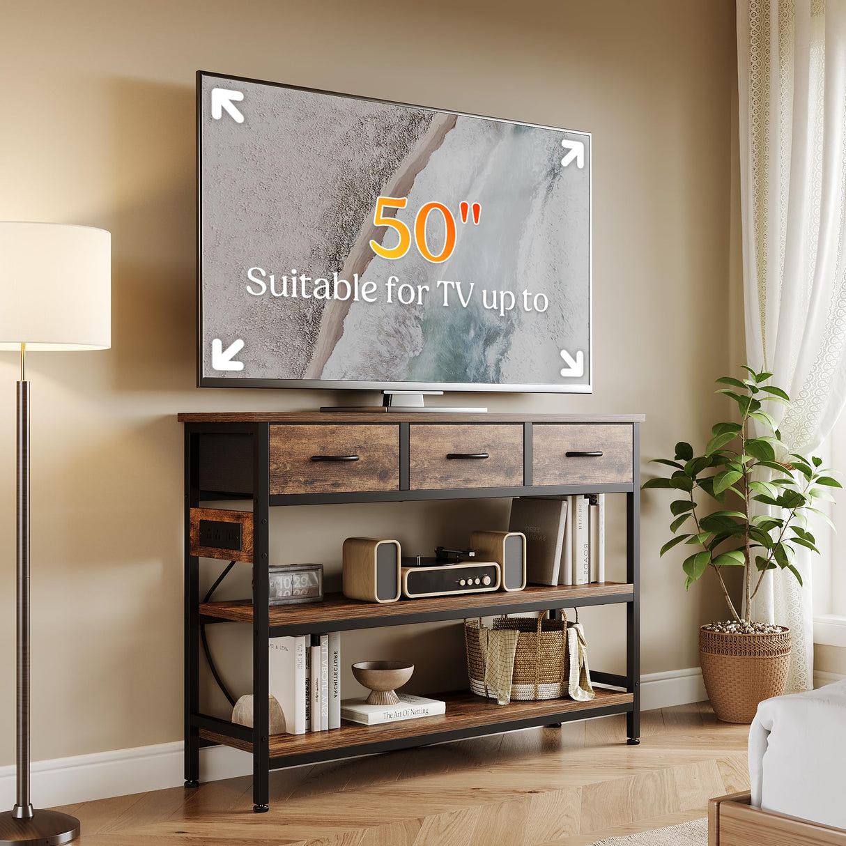 Lulive Entryway Table with Power Outlets, Console Table with 3 Fabric Drawers, Sofa Table for Living Room, Hallway, Couch, Foyer, Height Adjustable (Rustic Brown, 43") Lulive