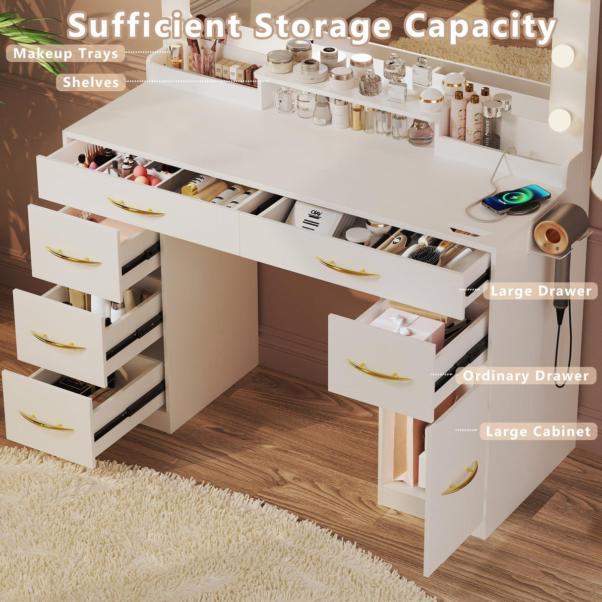 HUAHUU Makeup Vanity Desk with Lights, Vanity Desk with Large Mirror, White Vanity with Outlets Large Drawers & Storage, 3 Lighting Color Adjustable, Bedroom Dressing Table HUAHUU