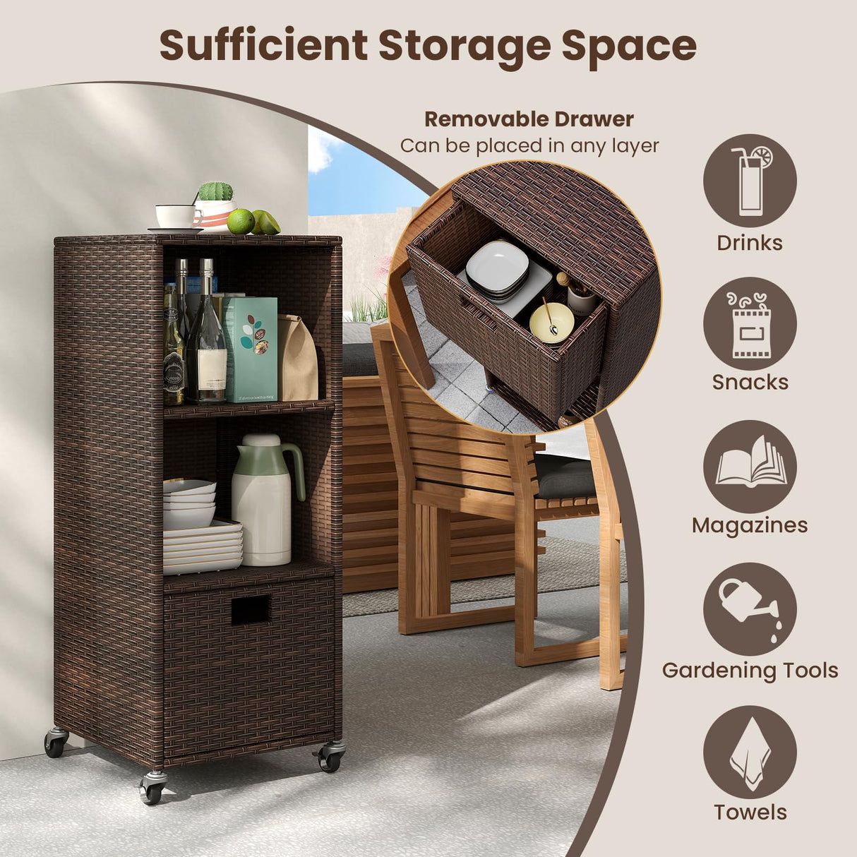 Tangkula Rattan Outdoor Storage Cabinet, Patiojoy Outdoor Wicker Cabinet with 3 Shelves, 1 Removable Drawer, 4 Wheels, Patio Storage Deck Box Cart for Backyard Poolside Porch (Mix Brown) Tangkula