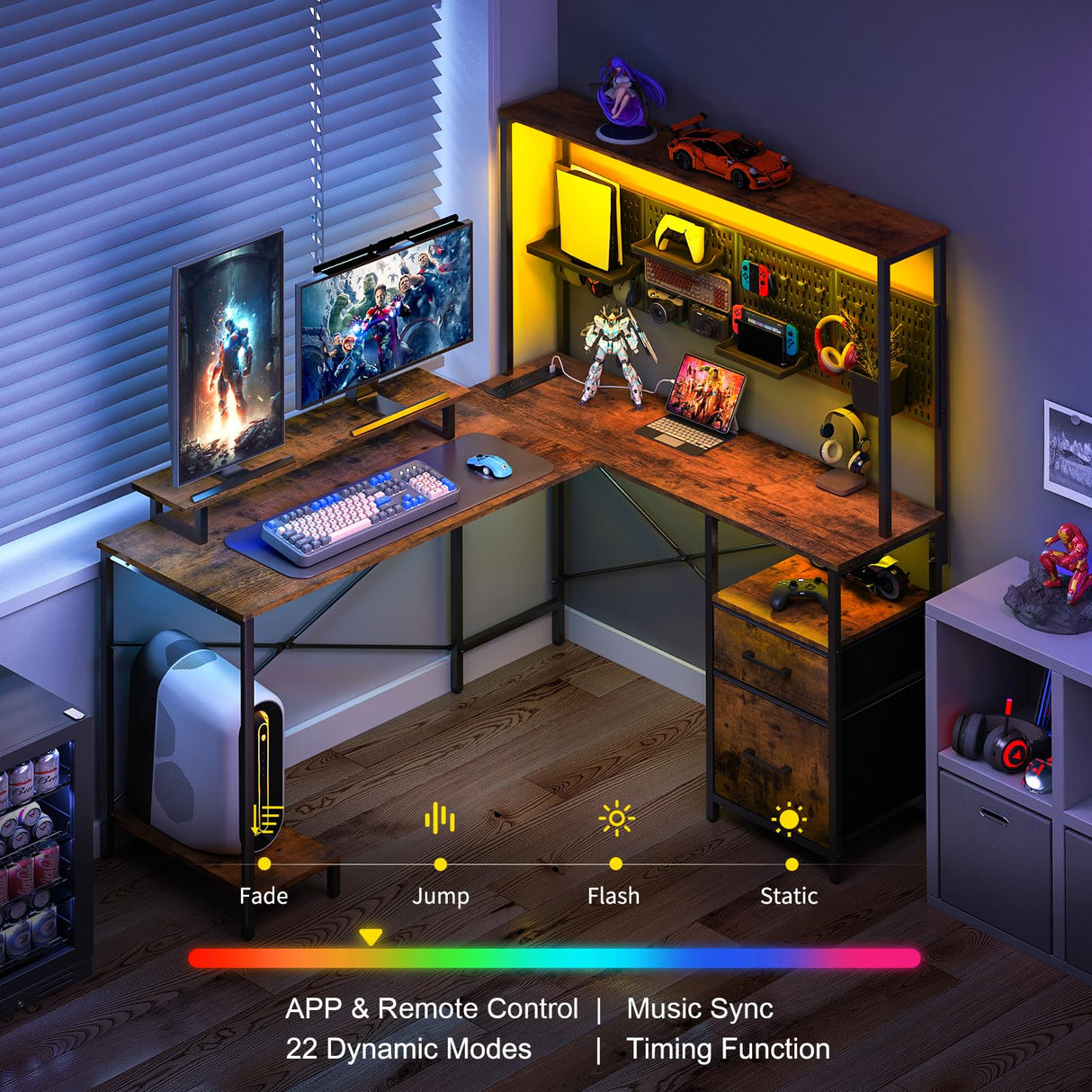 Yoobure L Shaped Desk with Pegboard, Reversible Computer Desk with Drawers & Storage Shelves, Gaming Desk with LED Lights & Power Outlets, Office Desk with Monitor Stand Corner Desk Home Office Desks Yoobure