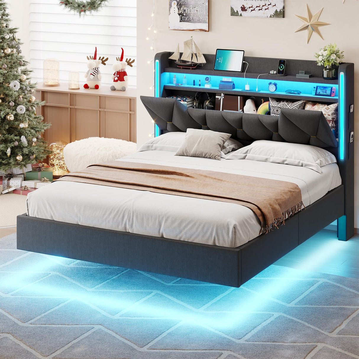 busyaeh Dark Gray Floating Bed Frame Queen with Hidden Storage, Charging Station & LED Lights busyaeh