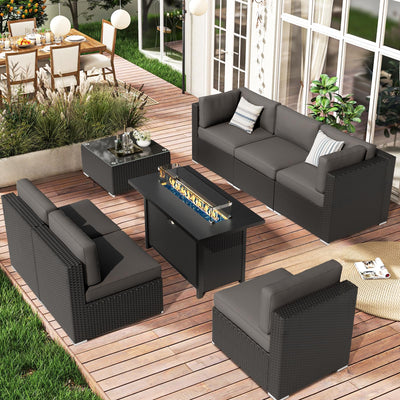 SUNCROWN 7-Piece Outdoor Patio Furniture Sofa Set All-Weather Wicker Sectional Conversation Set with Modern Glass Coffee Table, Cushions and Fire Pit Table (Grey)