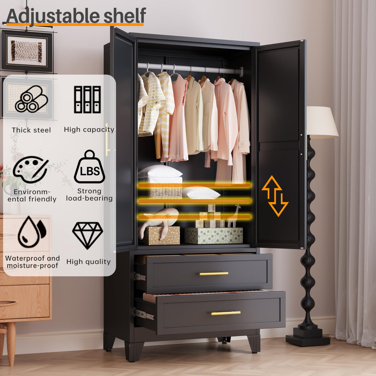 RIETERN Metal Armoire Wardrobe Closet, 71" Tall Bedroom Closet with Mirror, 2 Drawers, Adjustable Shelves, and Hanging Rod, Steel Clothes Closets and Storage, for Bedroom Black RISTERN