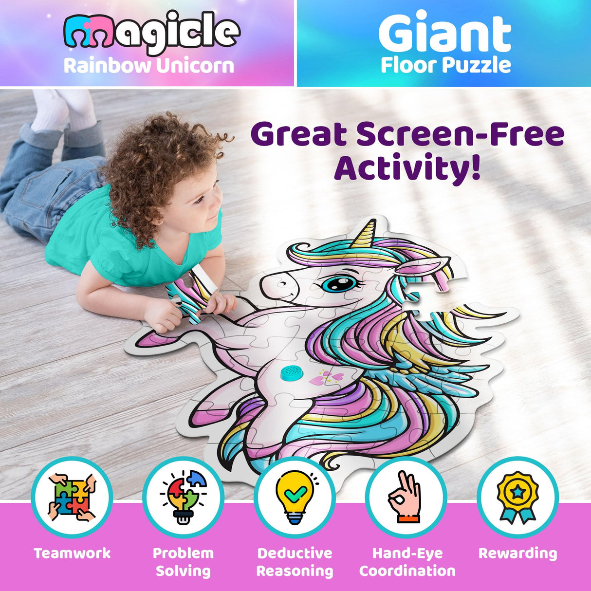 Rainbow Unicorn Giant Floor Puzzle with Sounds, 35 Piece Extra Thick Puzzles, Unicorn Toys for Girls Age 4-6, Floor Puzzles for Kids Ages 3-5 and 6 Year Old Gifts Team Power