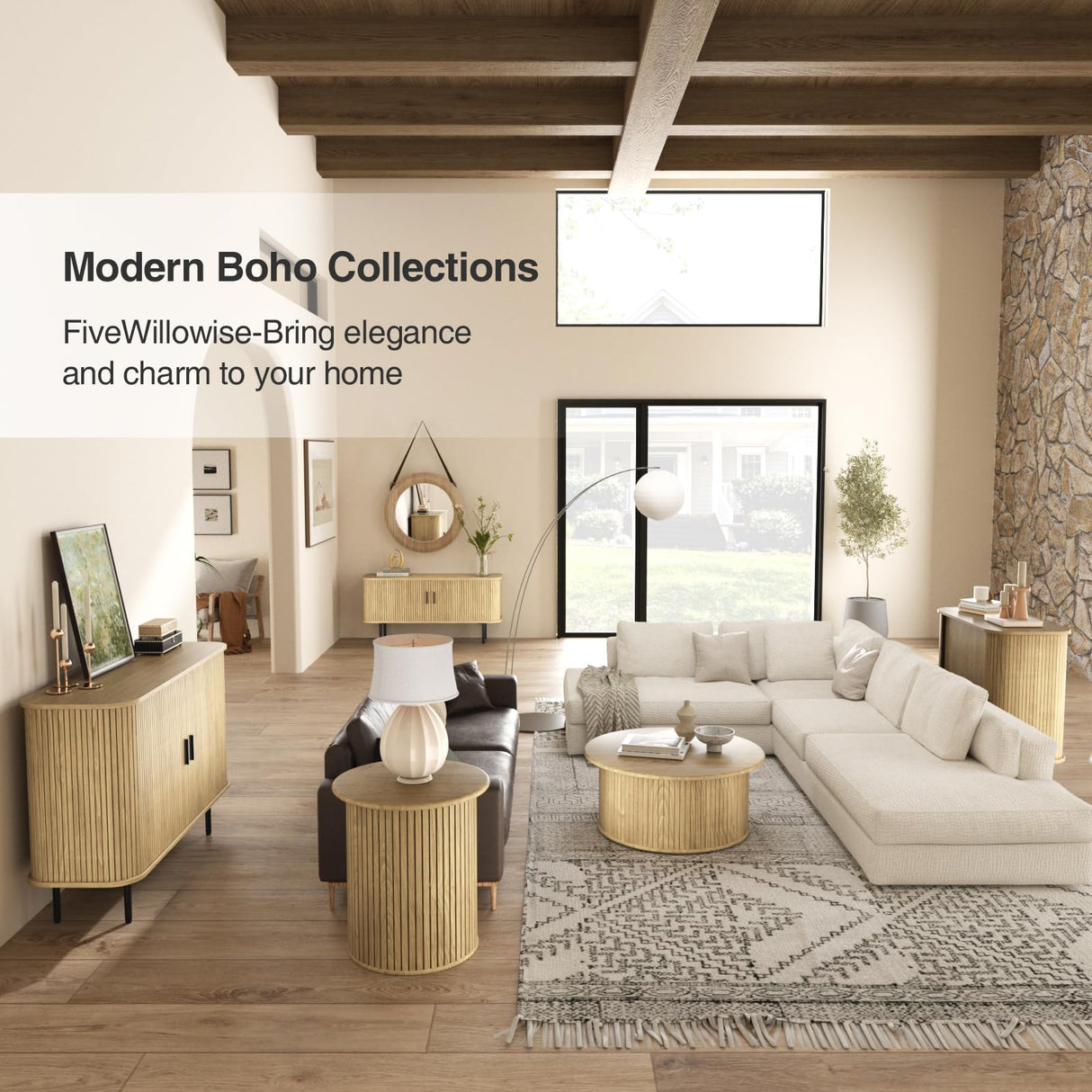 47''W Natural Storage Cabinet, Media Console, Tambour TV Stand, Television Stands with Curvy Edge & Sliding Door, Fluted Cabinet, Buffet Sideboard, Credenza, Table Stand for Living Room, Kitchen FiveWillowise