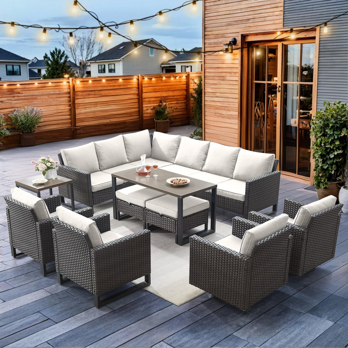 HUMMUH 10 Piece Patio Furniture PE Wicker 6-Seater Outdoor Sectional Sofa with Dinning Table Patio Swivel Chairs Outdoor Chairs for Porch,Garden,Backyard,Deck(Brown/Beige) HUMMUH