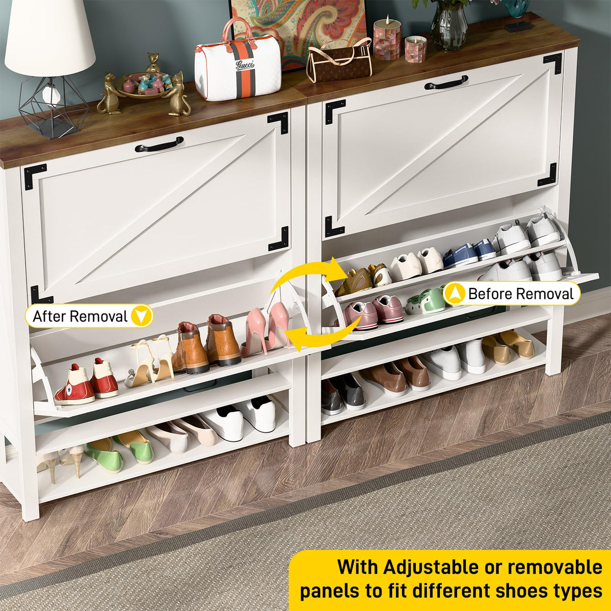 Halitaa Shoe Cabinet with 2 Flip Drawers, 5 Tier Farmhouse Shoe Storage Cabinet for Entryway, Narrow Slim Shoe Cabinet, Rustic White Freestanding Hidden Wooden Shoe Rack Cabinets Halitaa