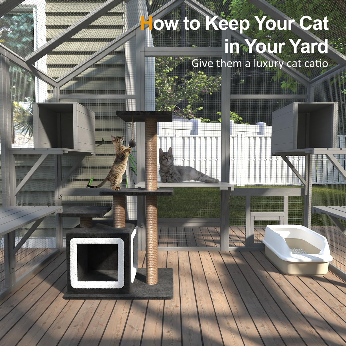 TIMHAKA Catio Outdoor Cat Enclosure, Large Outdoor House for Multiple Cats with 7 Platforms, 2 Resting Box, Wooden Cage for Patio, Outside Shelter with Weatherproof Cover, 71 x 49 x 71 inch TIMHAKA