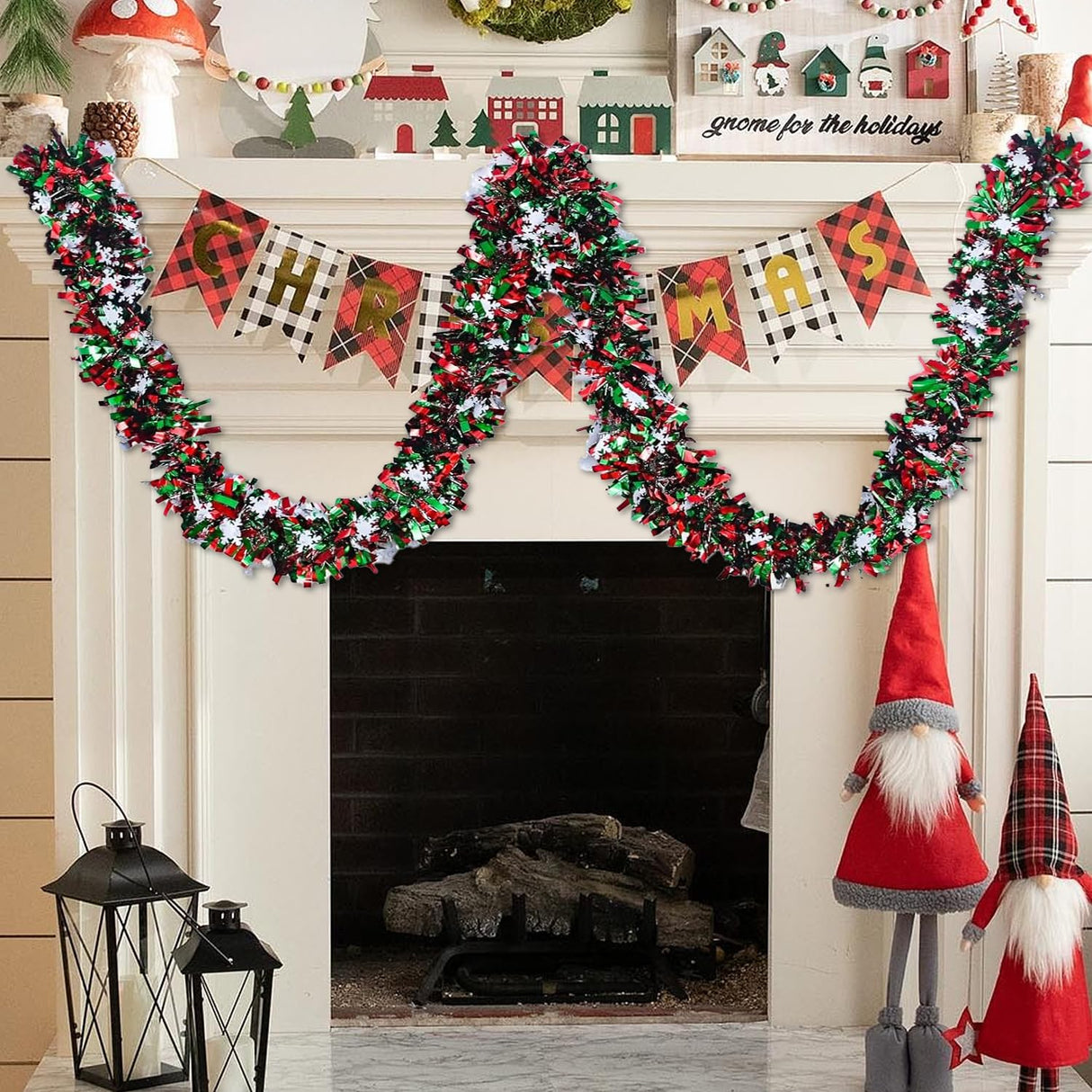 50 Feet Green Red Christmas Metallic Tinsel Twist Hanging Garland with Snowflake for Home Mantle Xmas Tree Staircase Railing New Year Holiday Party Indoor Outdoor Decorations CUADRNX