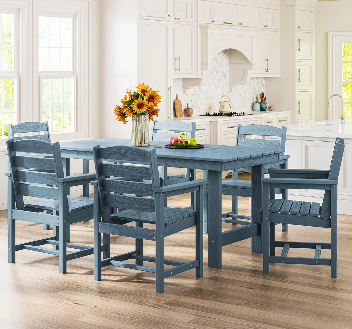 SERWALL 7-Piece Patio Dining Table Sets, Outdoor HDPE Dining Furniture Set with Umbrella Hole Cut-Out Table and 6 Chairs, Blue SERWALL