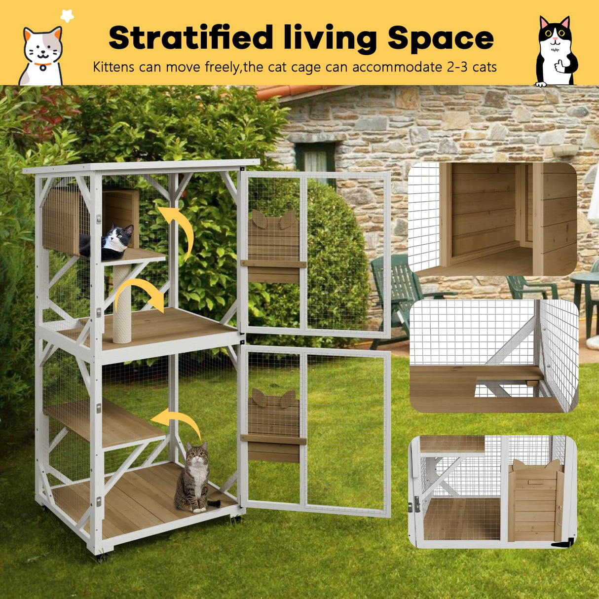 OFIKA Cat House Catio Outdoor Enclosure with Waterproof Roof,71'' cat House & Condos on Wheels for Outdoor Patio,Cat Window Box,Scratching Post(White) OFIKA