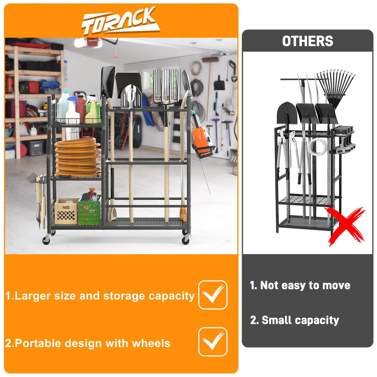 TORACK Garden Tool Organizer with Wheels, Rakes Shovels Yard Tools Stand for Garage, Shed, Garden, Indoor/Outdoor Long-Handled Tools Cart TORACK