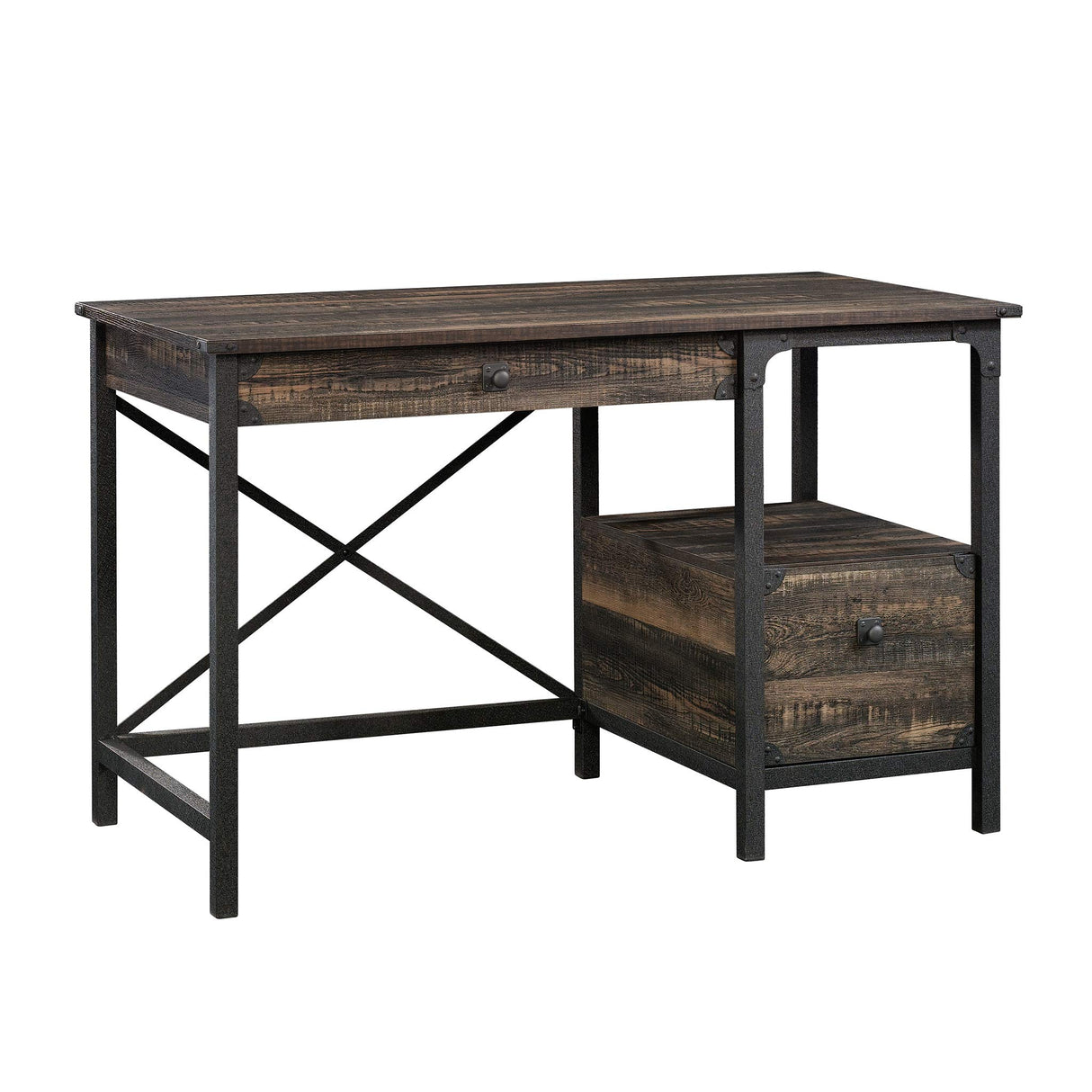 Sauder Steel River Desk, L: 47.48" x W: 23.47" x H: 29.53", Carbon Oak Finish Sauder
