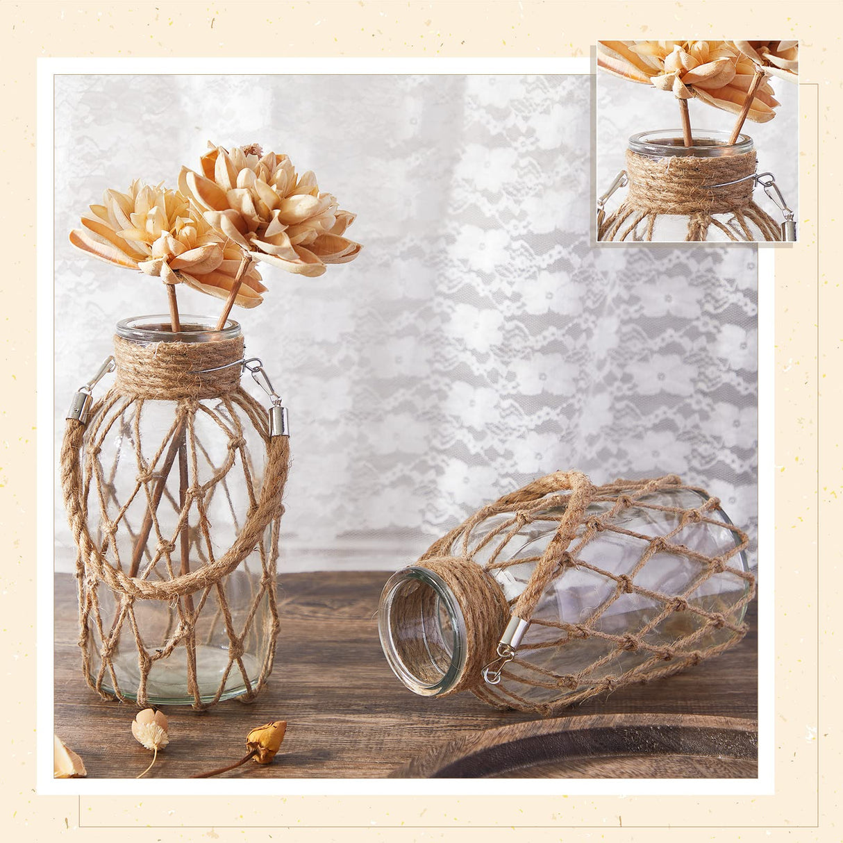 Set of 2 Rope Net Dry Flower Glass Vase 7.9 x 4 Inches Wicker Farmhouse Vase Coastal Decor for Wedding Tables Home Rustic Hanging Mason Jar Rope Wrapping Decorative Bottles Nautical Decor Sabary