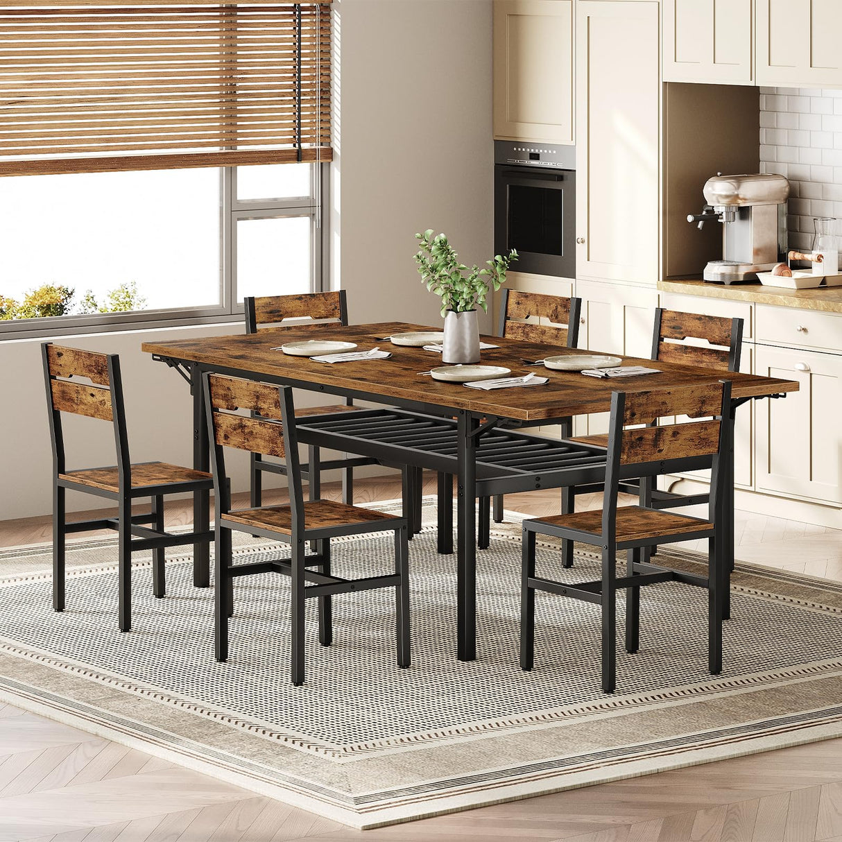 RALGEND 7-Piece Dining Table Set for 4-6, 63" Extendable Kitchen Table and 6 Chairs, Rectangle Dining Room Table Set for 6 with Wine Rack for Small Saving Space, Rustic Brown and Black RALGEND