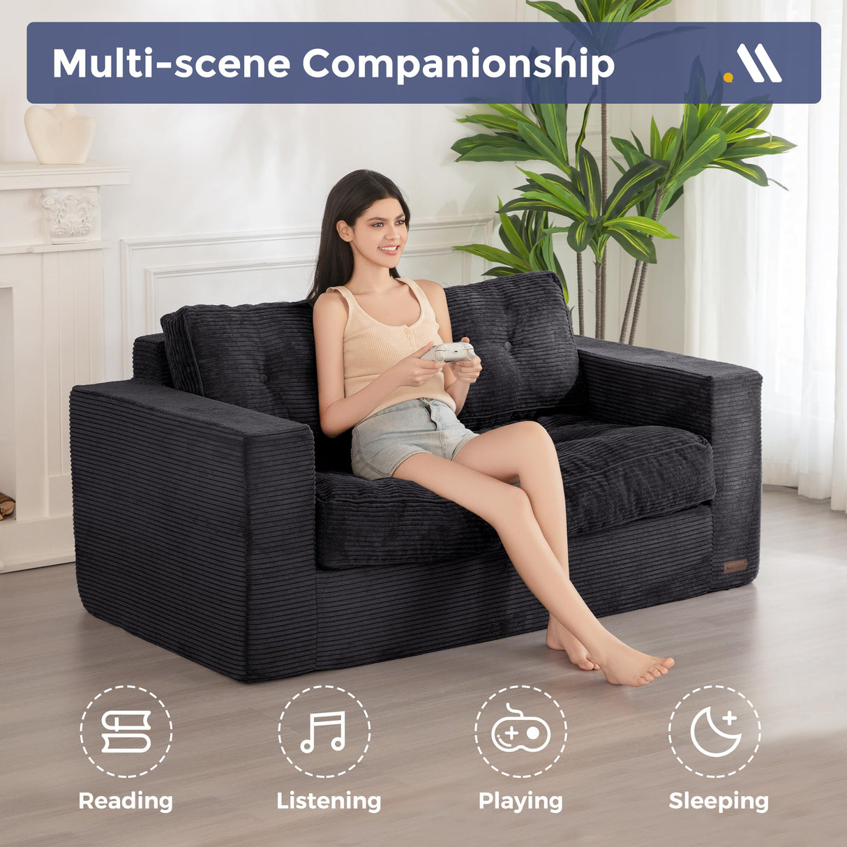 MAXYOYO Bean Bag Chair for Adults, Upholstered Floor Sofa with Armrests, Loveseat Boneless Couch with Tufted Cushion & Backrest, Sofa in A Box, Large Bean Bag Couch for Bedroom Living Room, Black MAXYOYO