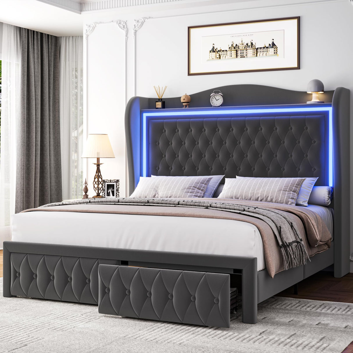Queen Bed Frame 55" Tall Headboard with LED Lights, Buttons Tufted Velvet Upholstered Platform Bed Frame with 2 Storage Drawers, Wood Slats Support Mattress Foundation, No Box Spring Needed, Grey Keyluv