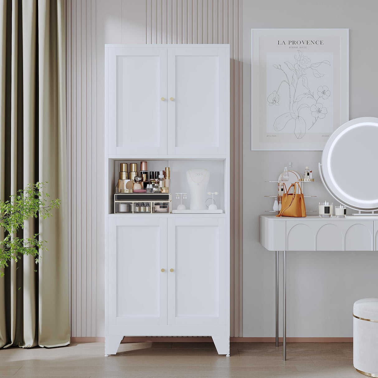 XIUSVON 69" High Bathroom Storage Cabinet, Modern Metal Pantry with Microwave Stand, Freestanding Linen Storage, Kitchen Hutch, Coffee Bar Hutch, Food Buffet Cabinet for Dining & Living Room XIUSVON