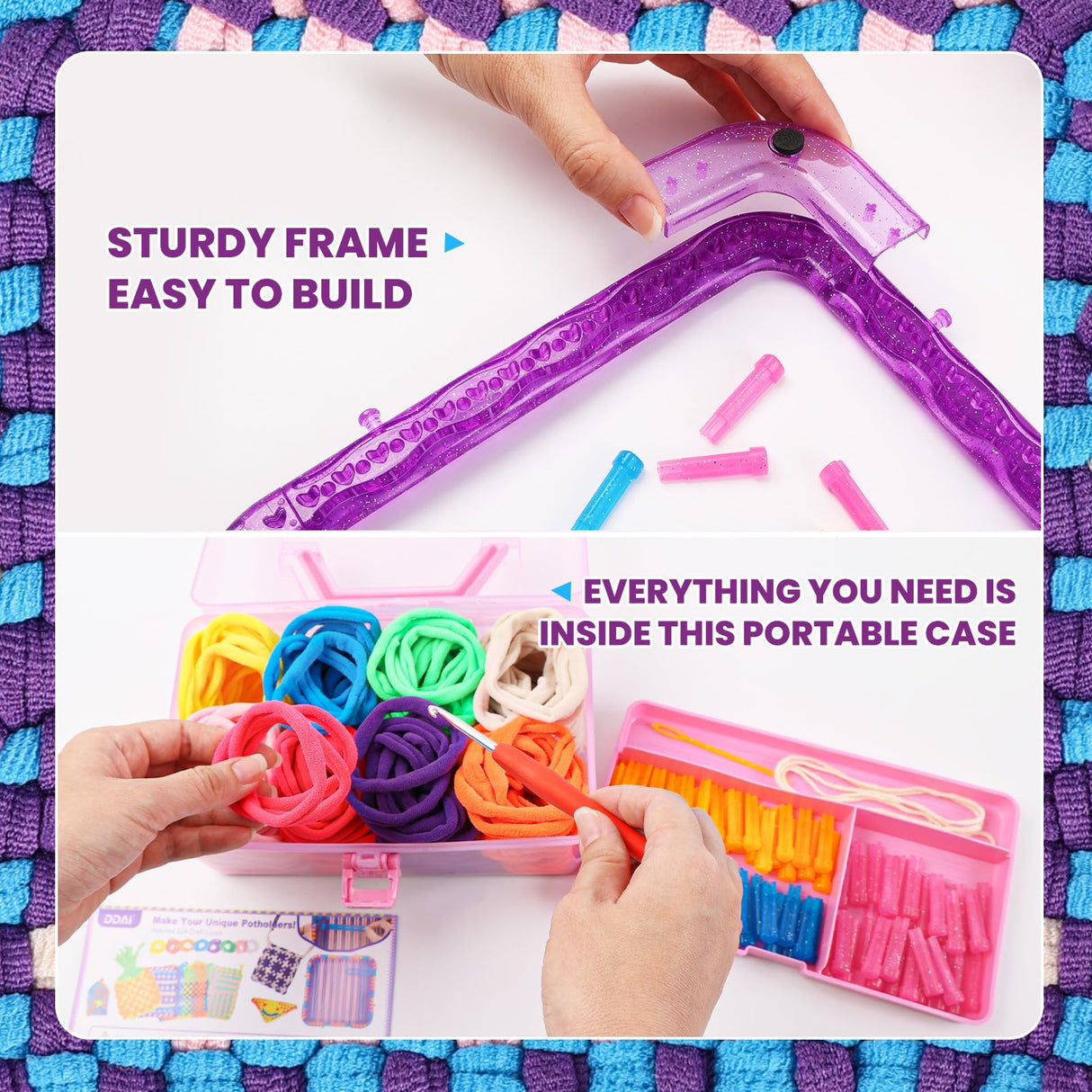 Weaving Loom Kit Toys Crafts - Arts and Crafts for Kids and Adults - Great Birthday Gifts for Girls Ages 6 7 8-12 13 Years Old - Sturdy Frame Potholder Loom Making Kits Portable Box and Craft Loops DDAI