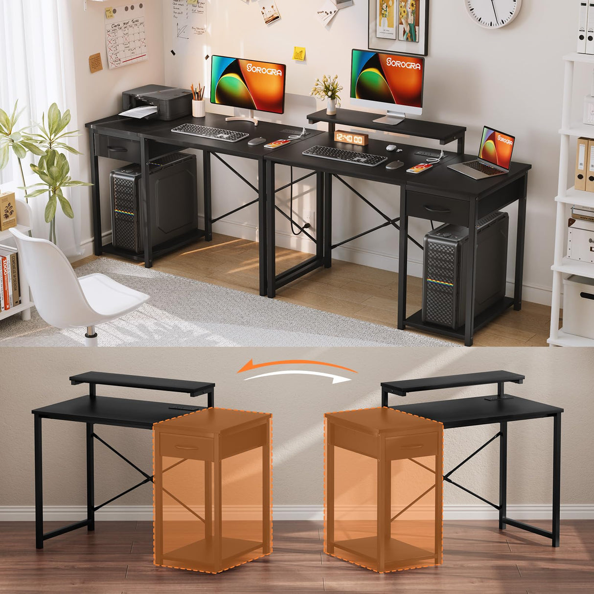 SOROGRA Computer Desk with Adjustable Monitor Stand, 39.4 in Small Desk with Reversible Storage Shelves, Office Desk with Large Desktop Spaces for Home Bedroom Workstation, Black SOROGRA