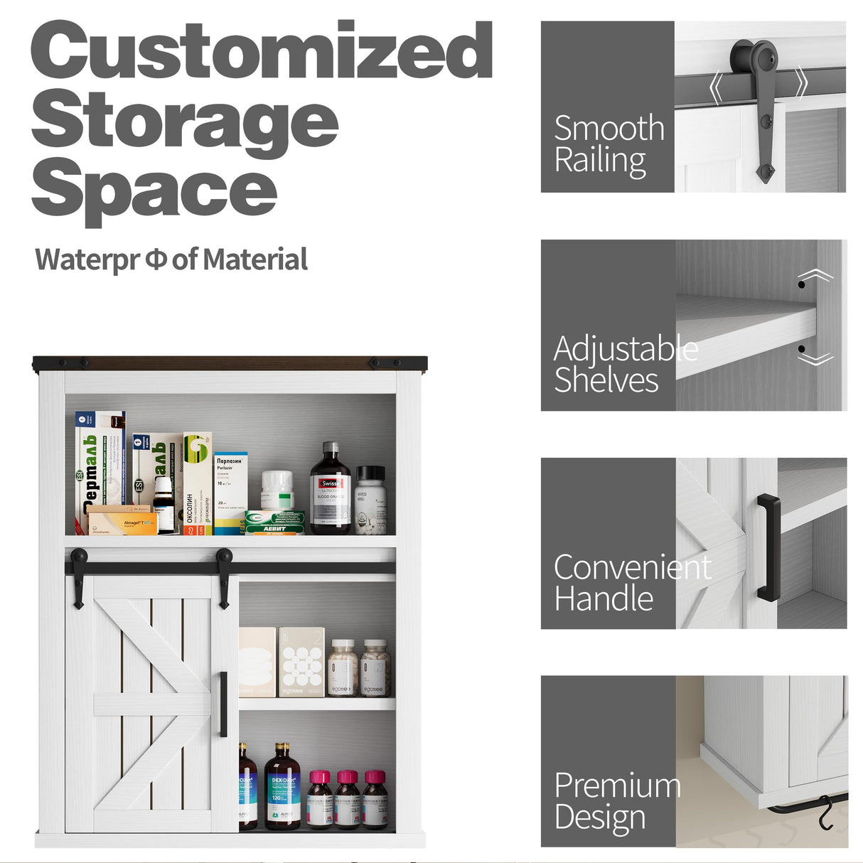 Vagaconl Bathroom Wall Cabinet, Farmhouse Medicine Cabinet Bathroom Cabinet Wall Mount with Barn Door Adjustable Shelves Towel Bar Hooks, for Laundry Bathroom Kitchen(Brown & Vintage White) Vagaconl