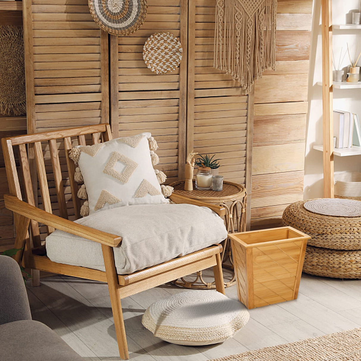 Frcctre Bamboo Waste Basket, Rectangular Compact Waste Trash Can Waste Bin Garbage Built-in Handles Brown Container Bin for Bedroom, Office, Living Room, Kitchen, Bathroom Frcctre