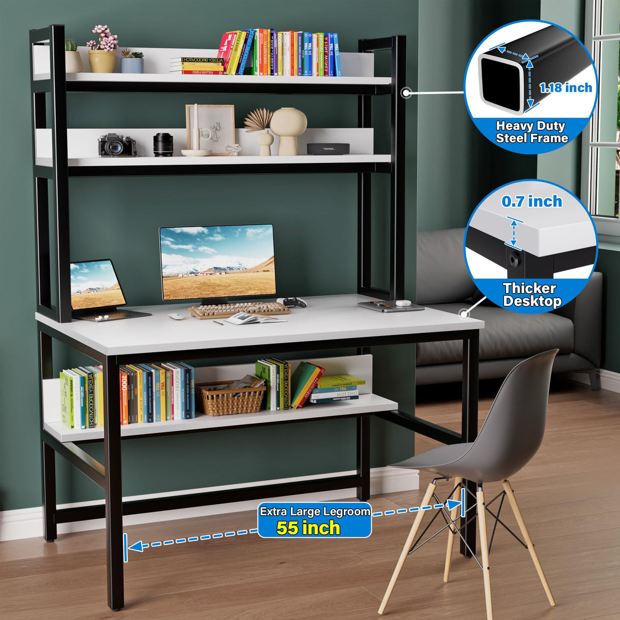 Aquzee White Computer Desk with Hutch and Shelves - Easy Assembly Gaming Table with 4 Tiers for Storage and Study Aquzee