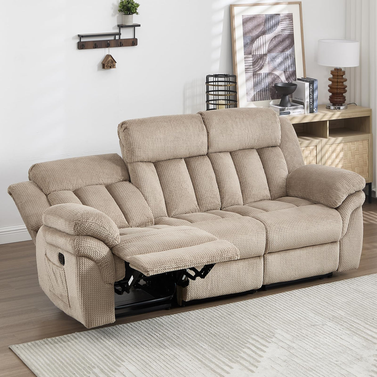 CANMOV Recliner Sofa Set, Manual Reclining Sofa with Overstuffed Armrest for Living Room,Bedroom Furniture,Office,3 Seat Light Brown CANMOV