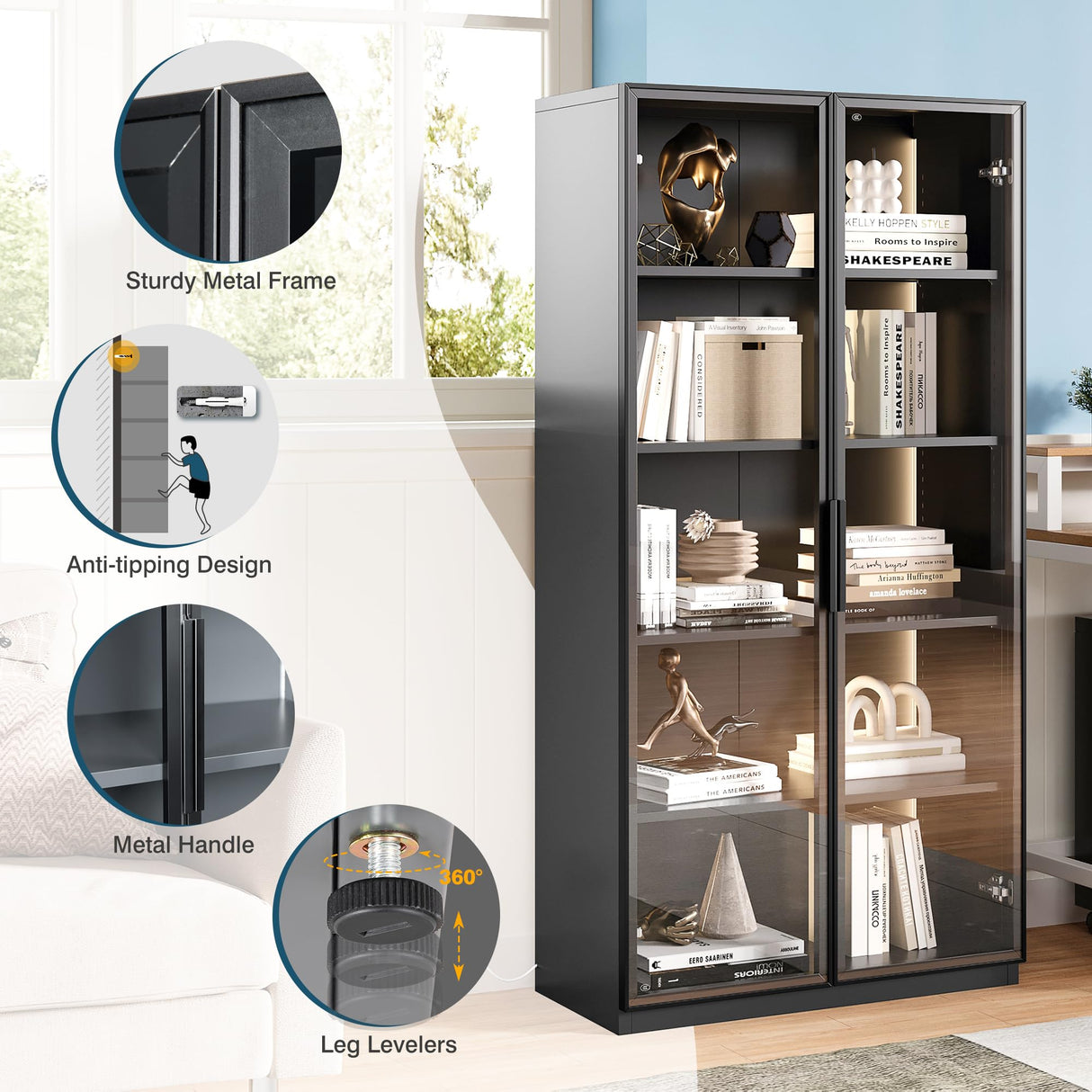 MIIIKO 63" Grey Glass Door Display Cabinet with 5 Shelves for Curios and Collectibles MIIIKO