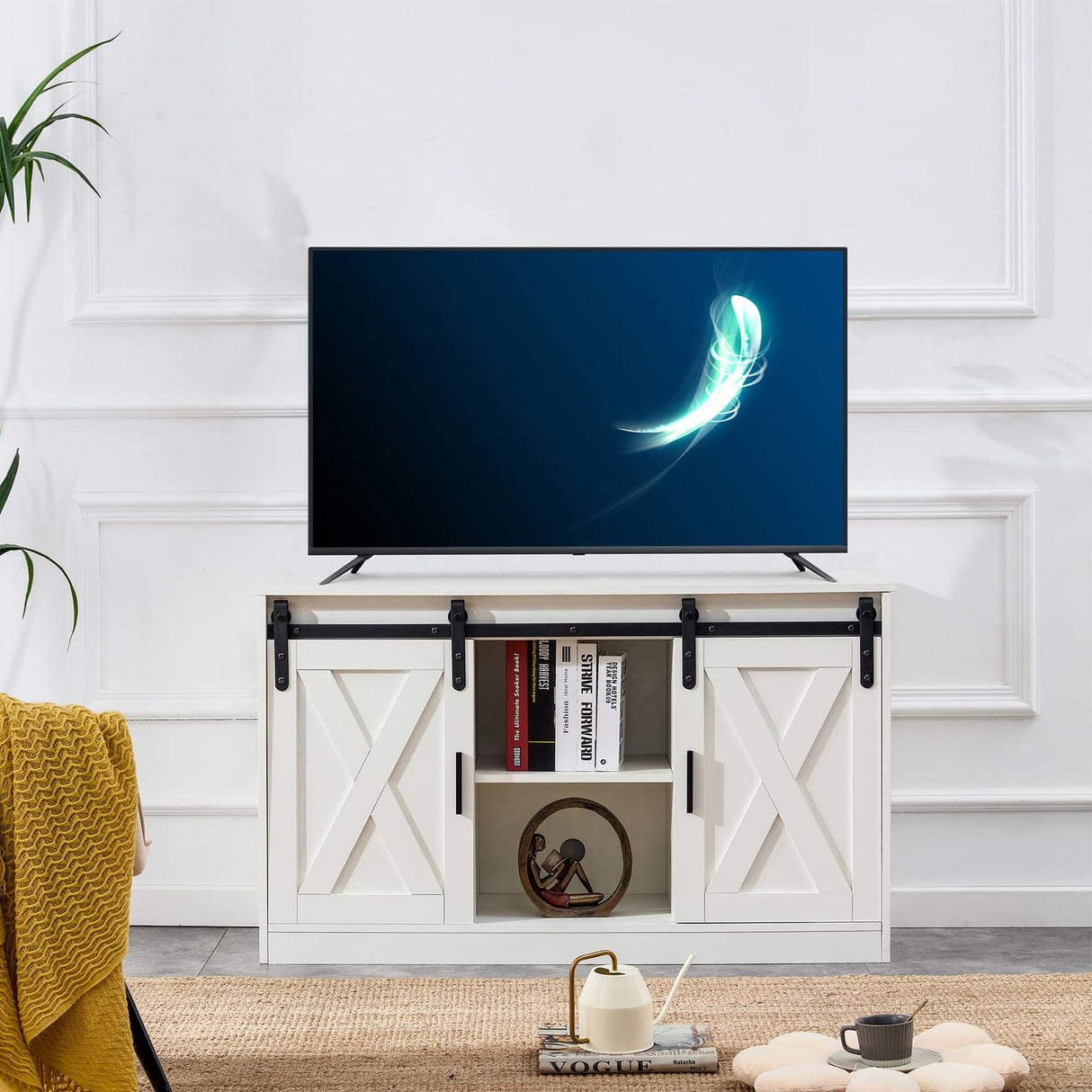 Meihua 47'' Farmhouse TV Stand with Sliding Barn Doors, Fits up to 65 Inch TVs, Modern Entertainment Center with Storage Cabinets and Open Shelves, White Wood Console Table for Living Room, Bedroom Meihua