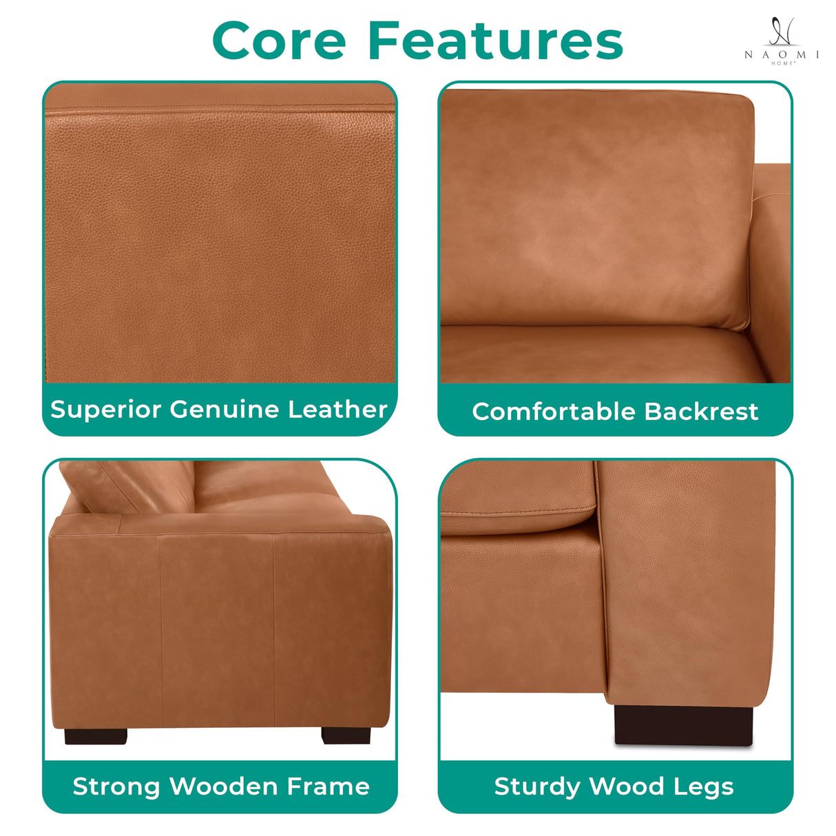 Naomi Home Freya Genuine Leather Sofa for Living Room, Bedroom - Loveseat, Sofa - Luxurious Comfort, Goose Feather Cushion Filling, Square Arm Design, Sturdy Block Legs, Elegant, Tan Naomi Home