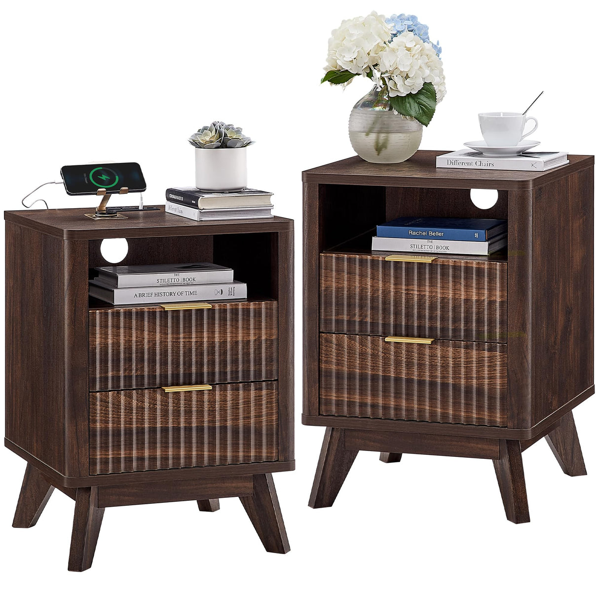 T4TREAM Fluted Nightstand Set of 2 with Charging Station, 18" Modern Side Table, 2 Drawers End Table with Storage, Bedside Table for Bedroom, Living Room, Curved Profile Design, Dark Walnut T4TREAM