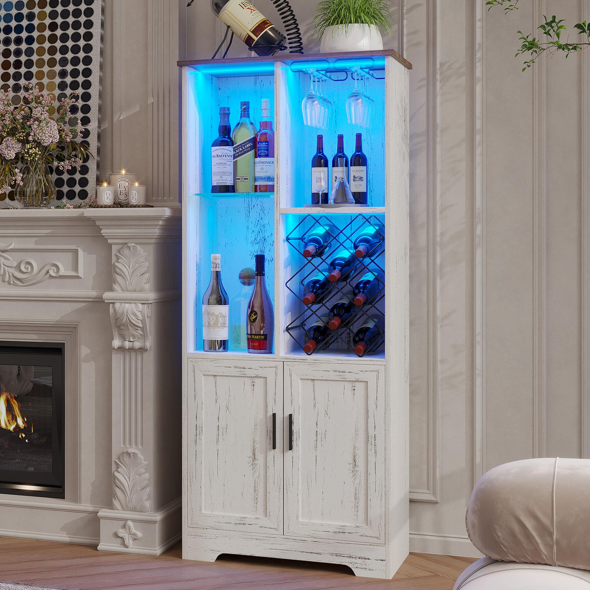 Kasibie Wine Cabinet, Wine Bar Cabinet with LED Lights, Liquor Cabinet with Glass Holder Wine Rack, Farmhouse Modern Liquor Cabinet with Storage for Home (Wood White) Kasibie
