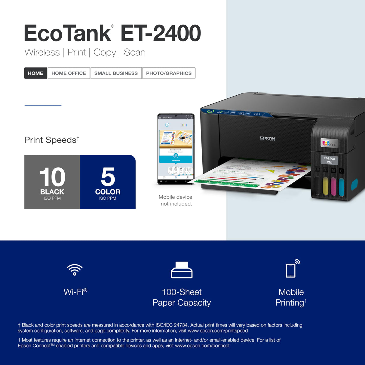 Epson EcoTank ET-2400 Wireless Color All-in-One Cartridge-Free Supertank Printer with Scan and Copy – Easy, Everyday Home Printing, Black Epson
