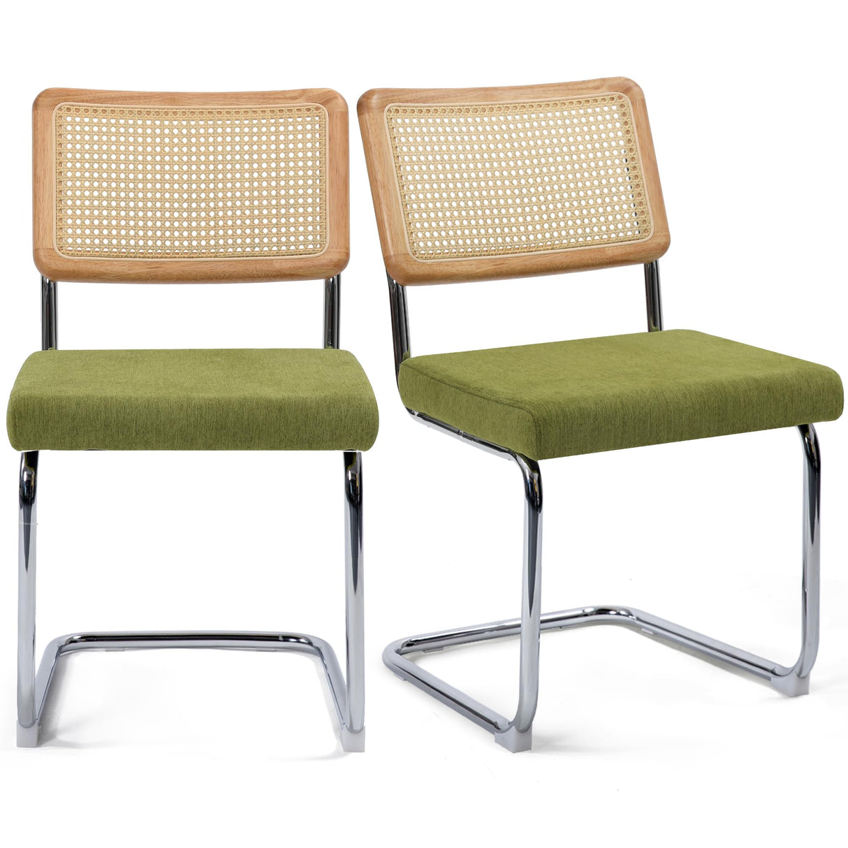 KROFEM Modern Cesca Cane Dining Chairs, Set of 2, Handwoven Rattan Cane Back, Chrome Base, Upholstered Cotton Seat, Ideal for Kitchen or Dining Room, Green KROFEM