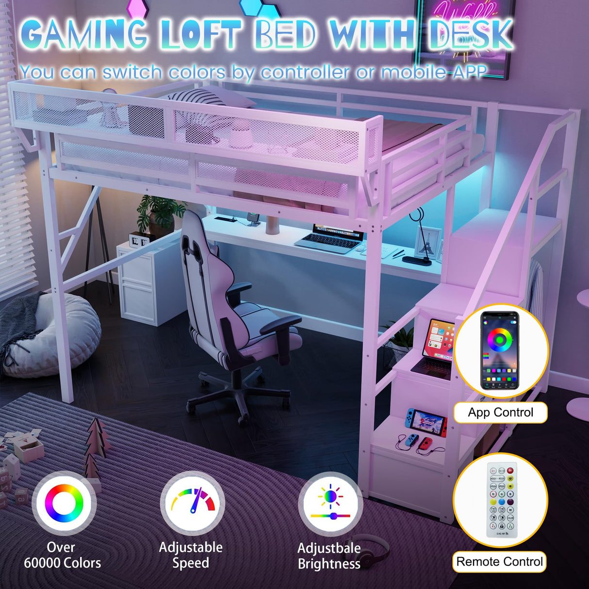 MoproBeti Queen Loft Bed with Desk and Stairs, Metal Lofts Bed Queen Size with Upper Storage Shelf, Gaming LoftBed with LED, Charging Station and Wardrobe for Teens, Adults,White MoproBeti