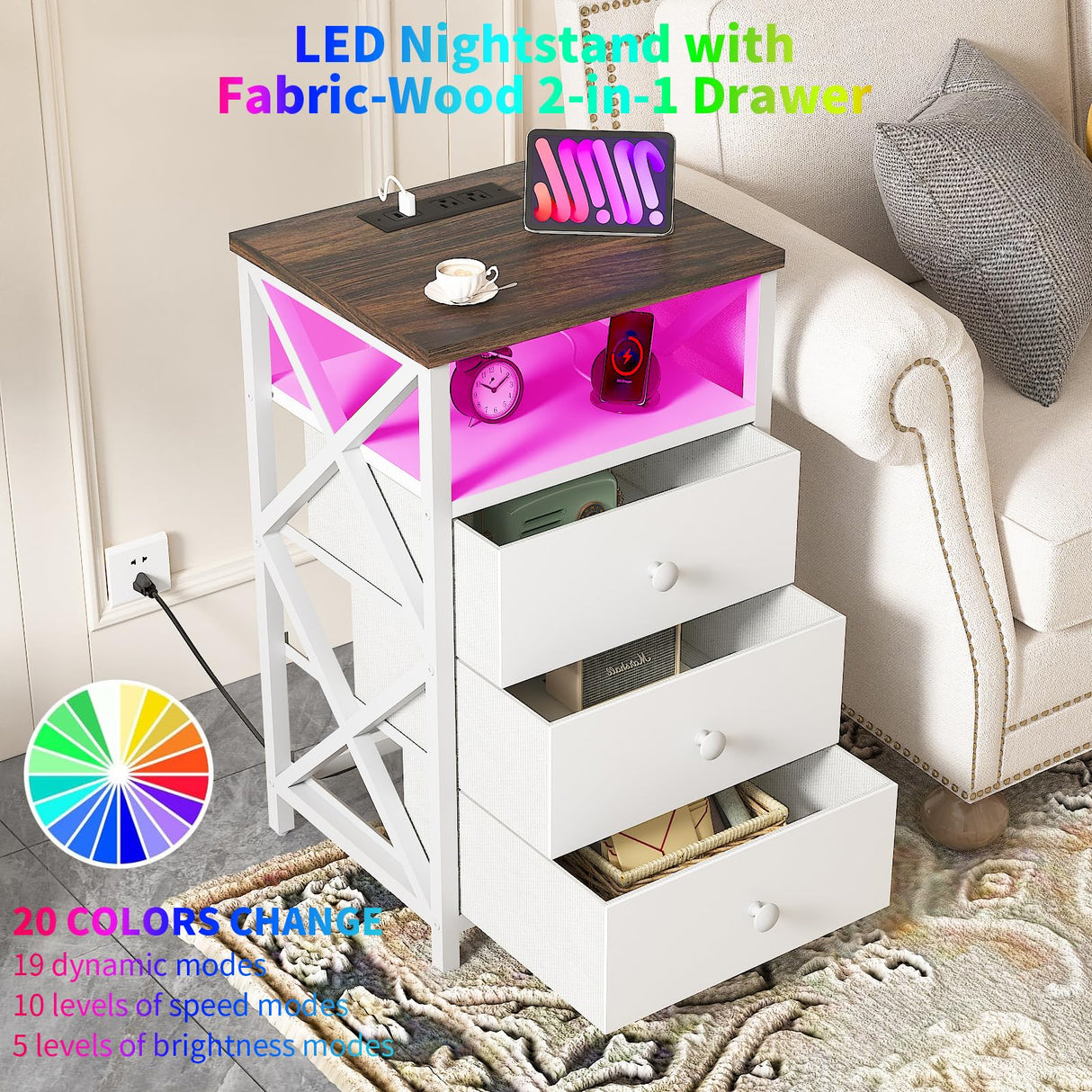 LTTDOUK LED Nightstand with Charging Station, Tall Dresser for Bedroom with LED Light, Side Table Bedside Tables with USB Ports and Outlets, White End Table with Drawer for Bedroom, Living Room LTTDOUK