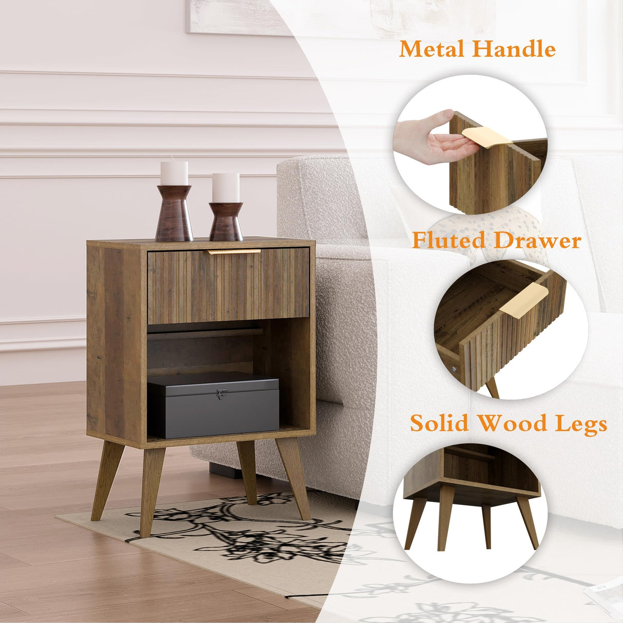 YAUKOMEL Fluted Night Stand with Opening Storage,Mid Century Bedside Table with Drawer,Wood Nightstand with Solid Wood Legs,End Table Side Table for Living Room,Bedroom,Caramel Oak CTG56BR YAUKOMEL