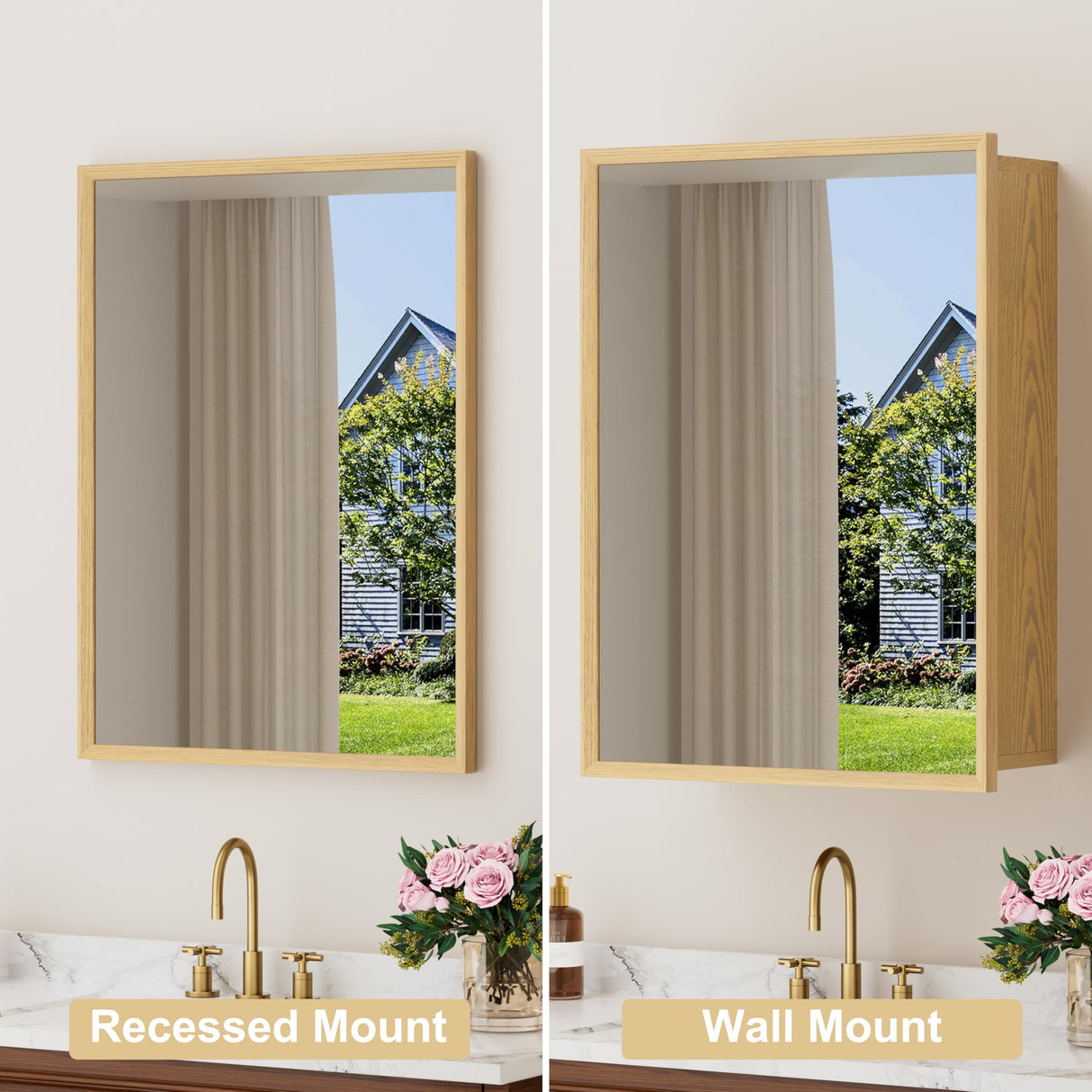 HBEZON 24x30 Inch Wooden Medicine Cabinet with Mirror, Surface or Recessed Mounted Bathroom Cabinets with Door, Adjustable Shelves, Soft-Close Hinge, Wall Storage, Oak Wood Frame HBEZON