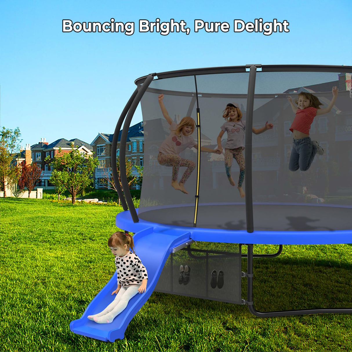 Lyromix Trampoline Outdoor with Slide, 14FT Outdoor Trampoline with Basketball Hoop, Recreational Trampolines with Enclosure Net & Ladder for Kids and Adults, Acid Blue Lyromix