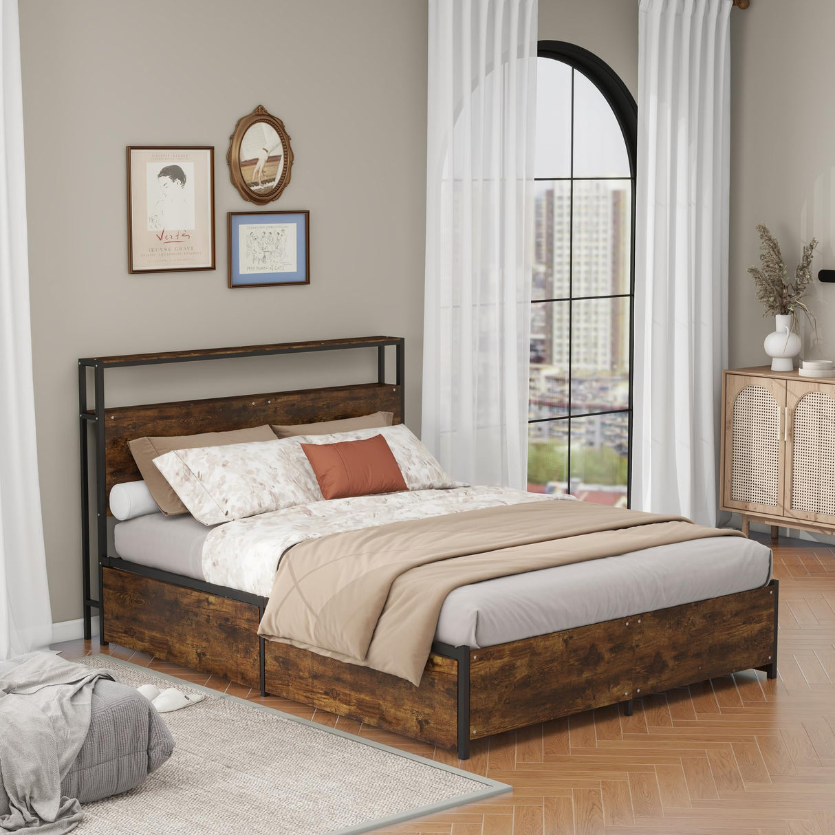 Panana Modern Queen Size Bed Frame with 4 Storage Drawers - Industrial Metal & Solid Wood Platform Bed, Sturdy & Space-Saving Design, Easy Assembly, Eco-Friendly Materials (Queen (U.S. Standard)) Panana
