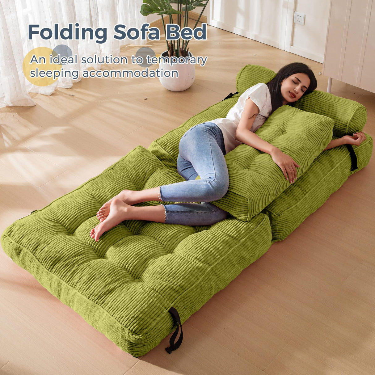 MAXYOYO Folding Sofa Bed, Convertible Sleeper Chair with Pillow Foldable Mattress with Back Support, Portable Fold Out Chair Bed Comfy Floor Sofa Lounge for Living Room Bedroom, Green, Single MAXYOYO