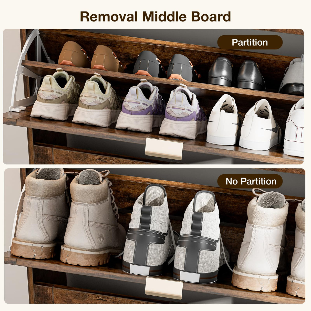 Entryway Shoe Storage Cabinet, Wooden Slim Organizer with 2 Hidden Drawers, Narrow Rack for Shoes, Flip Dresser for Entrance or Hallway, Space-Saving Storage Table, Rustic Brown HMFOR