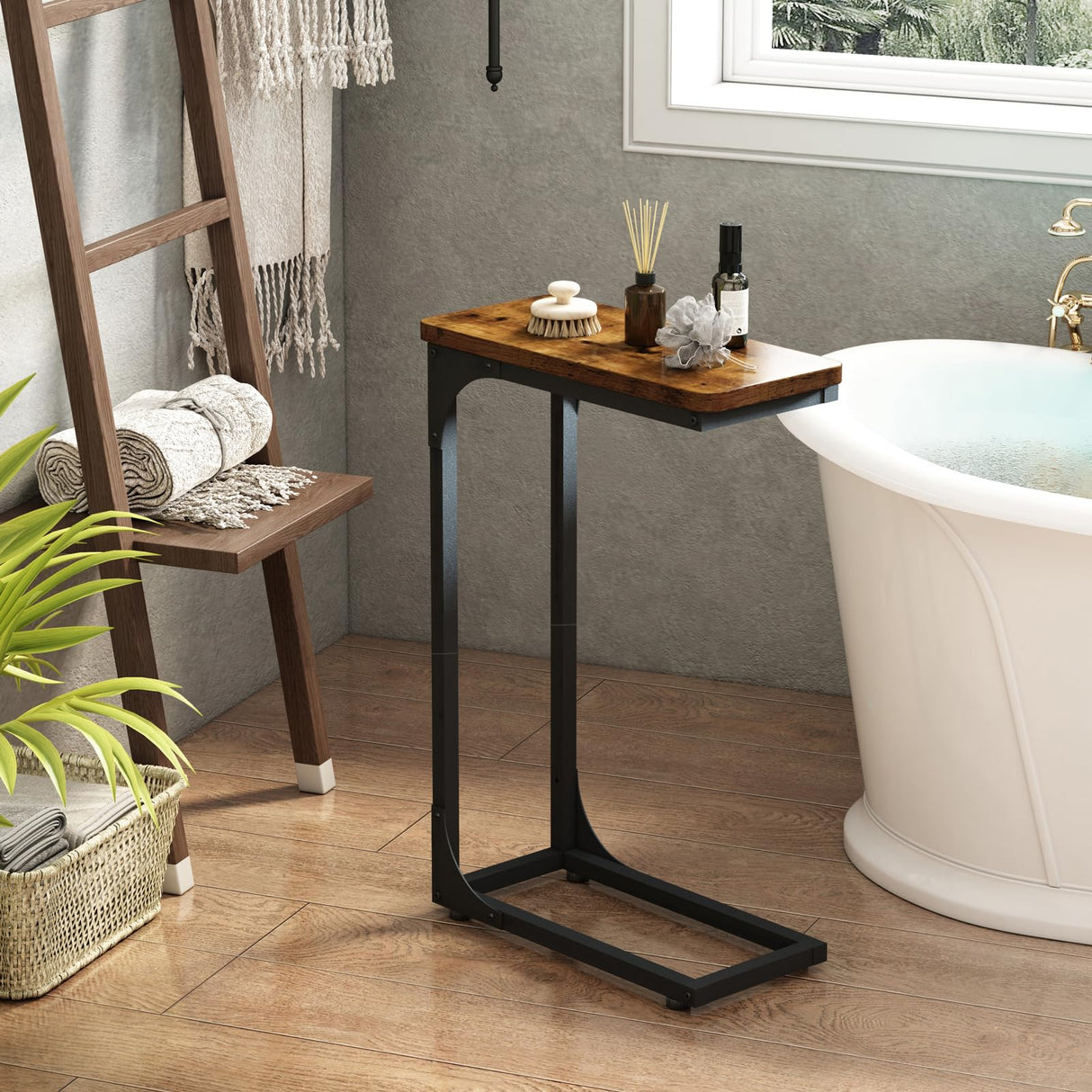 QEEIG Narrow C Shaped Side Table Set of 2 Living Room Sets Slim Couch Tray Tables Skinny Thin Small Farmhouse 7 inch Width, Rustic Brown (017-18BN) QEEIG