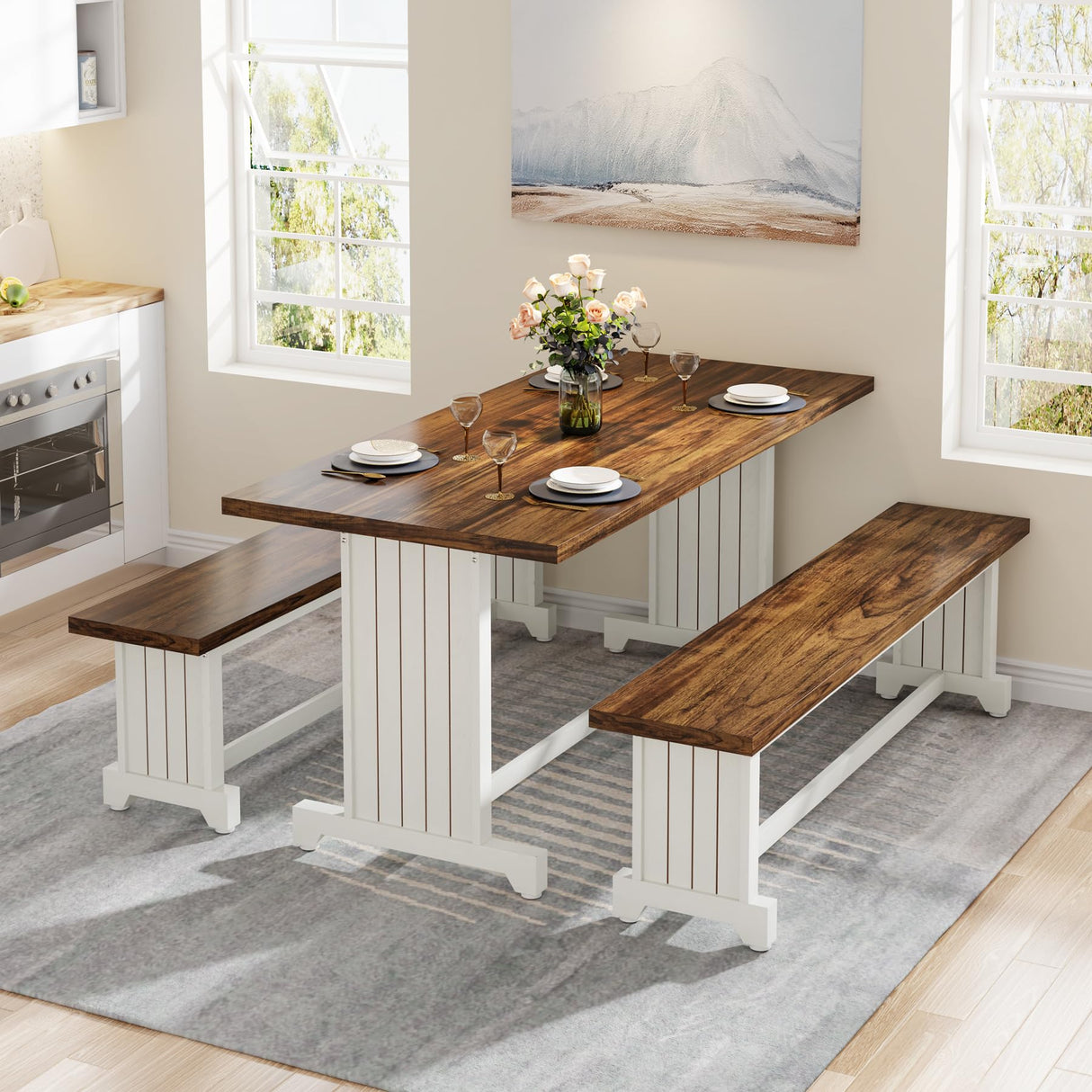 Tribesigns 47" Dining Table Set for 4-6, 3-Piece Kitchen Room Table with 2 Benches, Farmhouse Wood Dinner Table for Small Space, Home Kitchen, White & Rustic Brown Tribesigns